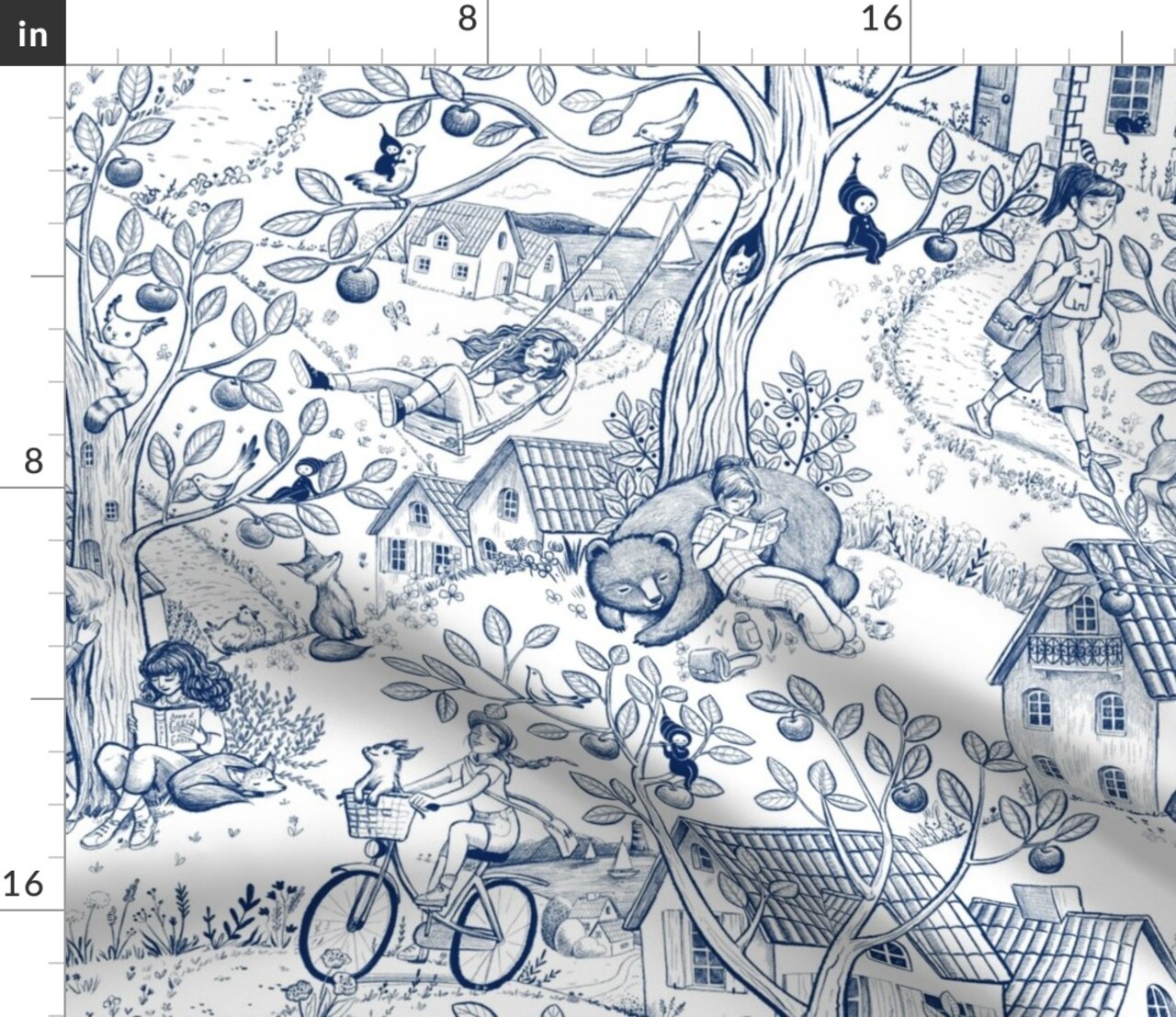 Playground Forest Nursery House Trees Play Magical Bear Country Toile De Jouy Fantasy Custom Printed Fabric by Spoonflower Various Fabrics by the Yard or Fat Quarter